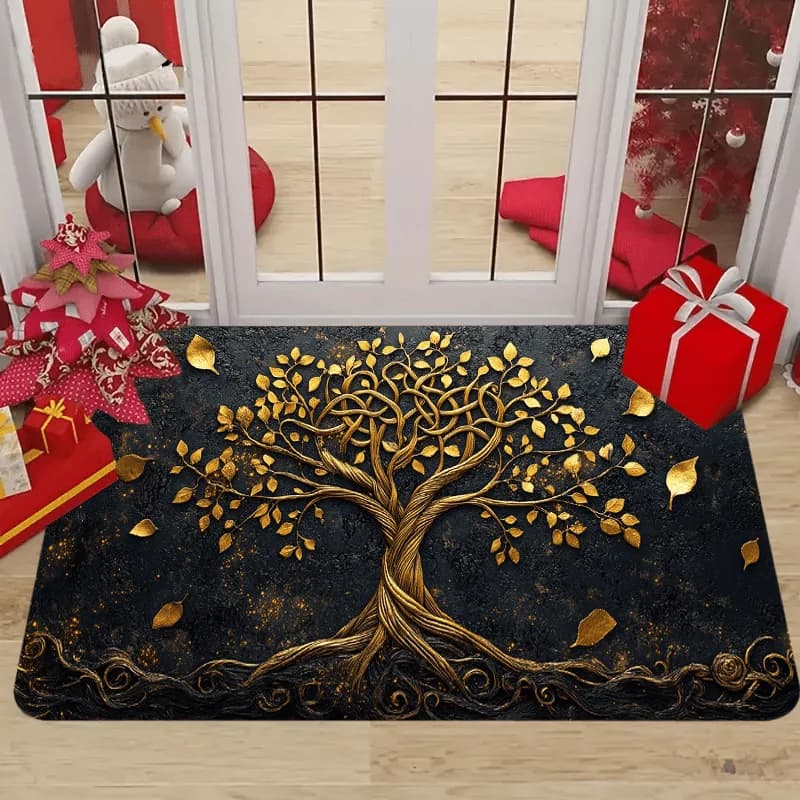Zerbino con nodi celtici dell'albero della vita dorato, tappetino in poliestere nero dorato per l'arredamento dell'ingresso della casa di Natale, lavabile