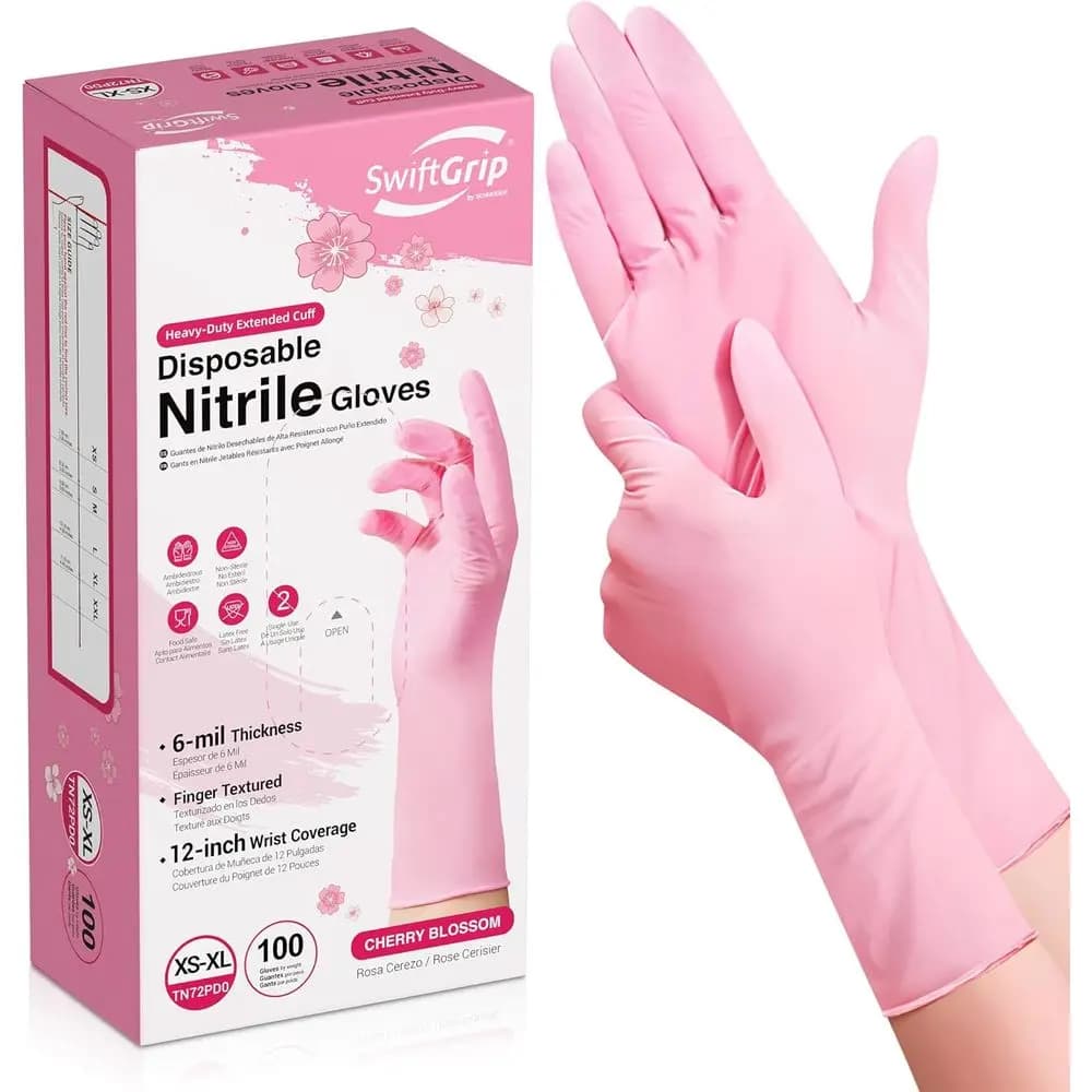 Guanti in Nitrile Monouso Estesi da 12 Pollici, Spessore 6 mil, Design Fiori di Ciliegio, Guanti per Lavare i Piatti Senza Lattice