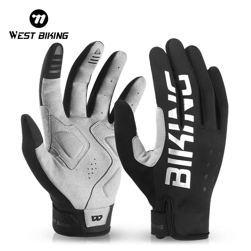 WEST BIKING Autunno Inverno Guanti termici da ciclismo Uomo Guanti touch screen con dita intere Guanti da bici riflettenti con assorbimento degli urti SBR