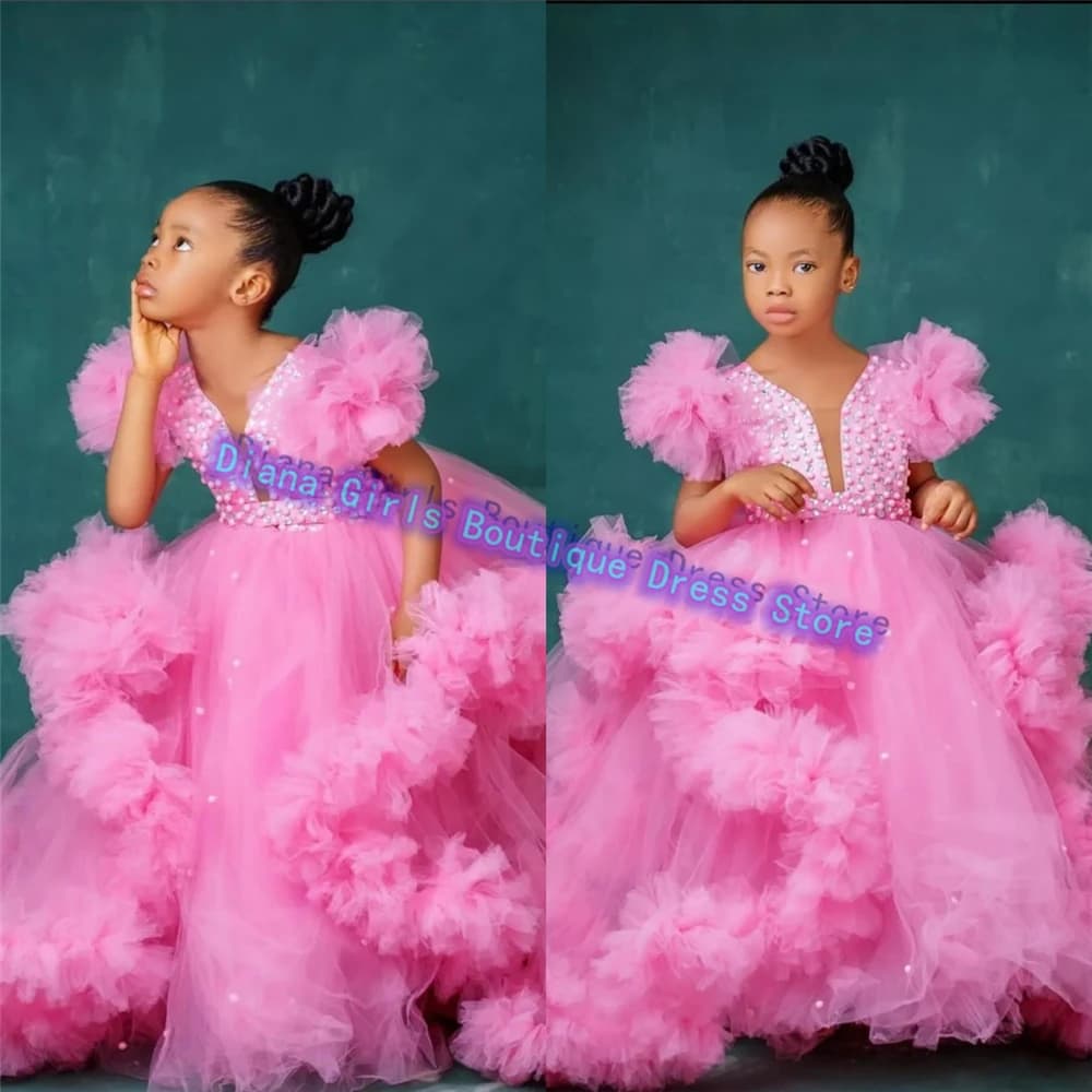 Abito da ragazza di fiore rosa splendido personalizzato in tulle soffice per matrimoni Abiti da festa di compleanno per bambine Abiti da sera da ballo