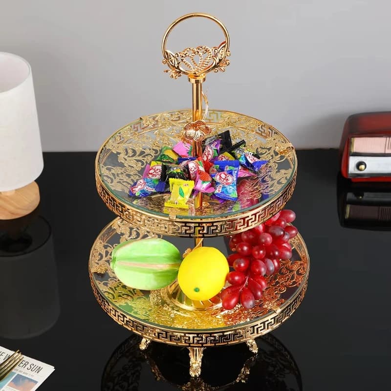 Vassoio di frutta multistrato di lusso leggero classico dorato, vassoio di frutta secca per snack, sala aziendale, design squisito artigianale
