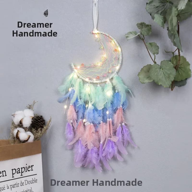 Handmade Moon Dream Catcher Bell Home Decor Door Ornament Car Hanging Decoration Feathers Material Artisanal Wind Chime
