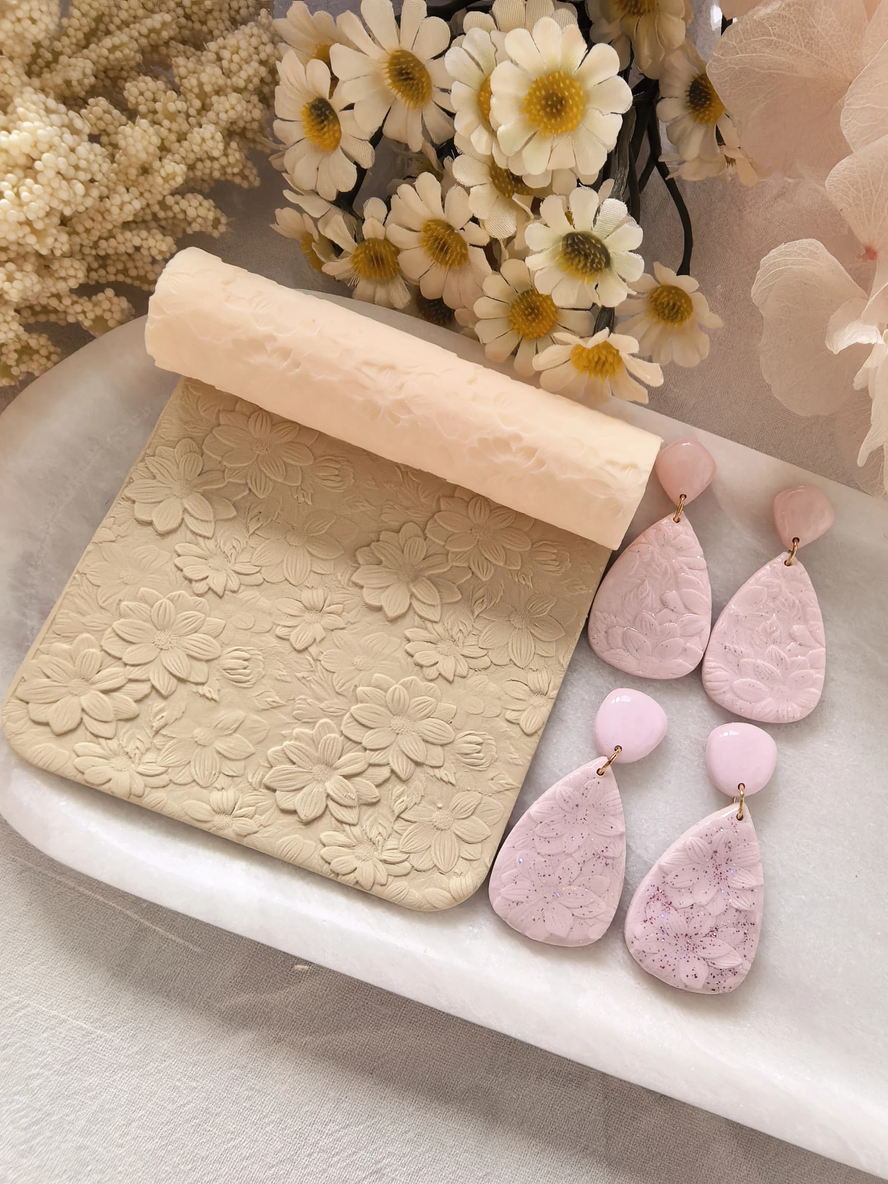 Polymer Clay Flowers Texture Roller, Pottery Stamps for Polymer Clay Earrings Jewelry, Embossing Pottery Texture Rollers