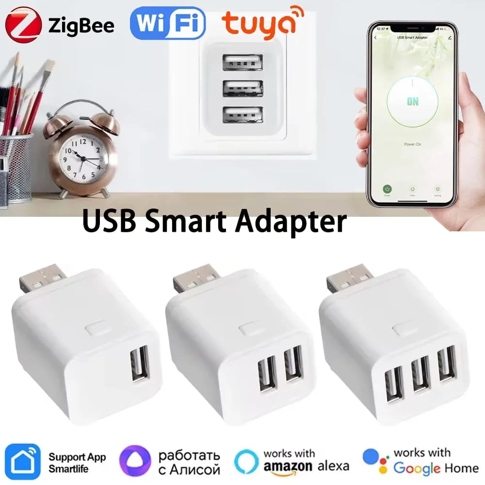 Tuya Smart WiFi/Zigbee Adapter Micro USB 1-3 Gang Mini USB Charging Plug Power Adapter Voice for Alexa Google Casa Alice