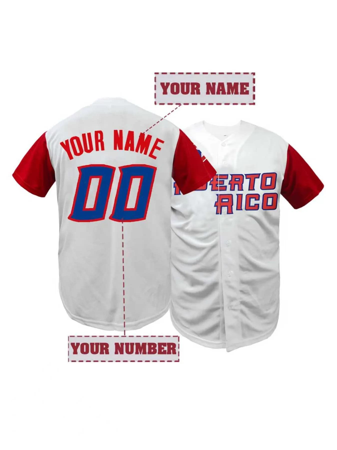 Maglia da baseball personalizzata da uomo con nome e numero, maglia da baseball fai-da-te ricamata con scollo a V traspirante a maniche corte, stile Porto Rico