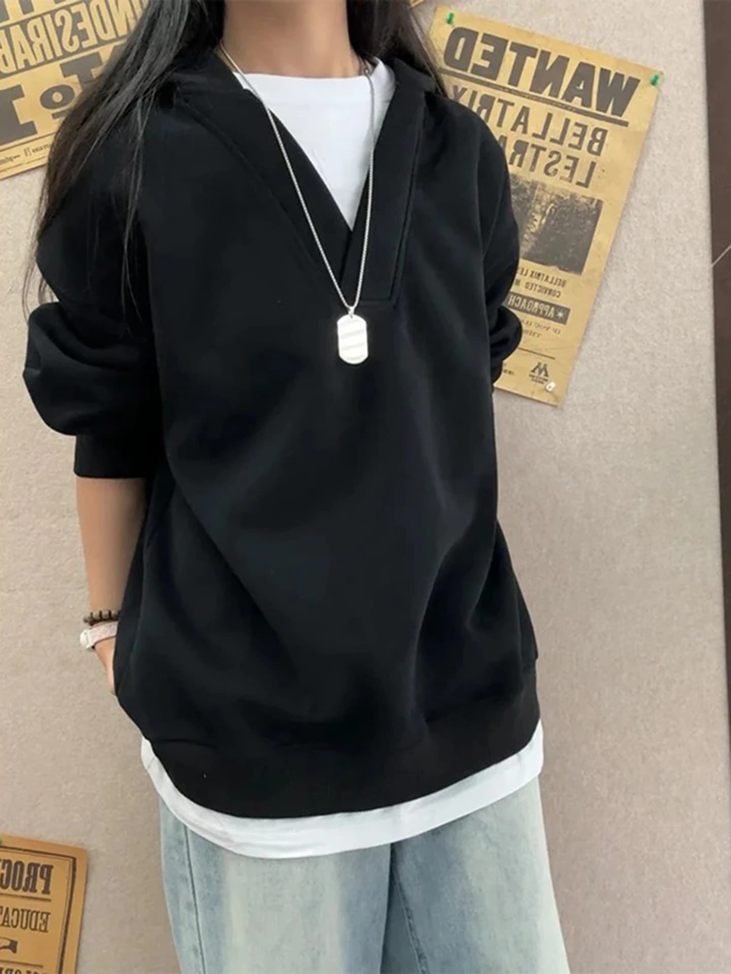 Black Hoodie Sweatshirt Men's Autumn V-neck Hat Design Two-piece Suit American Cleanfit Jacket Comfortable Long Sleeve Cotton...