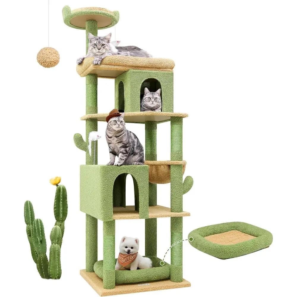 Tiragraffi Durevole Stile Cactus S72 per Felini di Taglia Grande Oltre 9 kg, con 6 Tiragraffi, Amaca, Verde