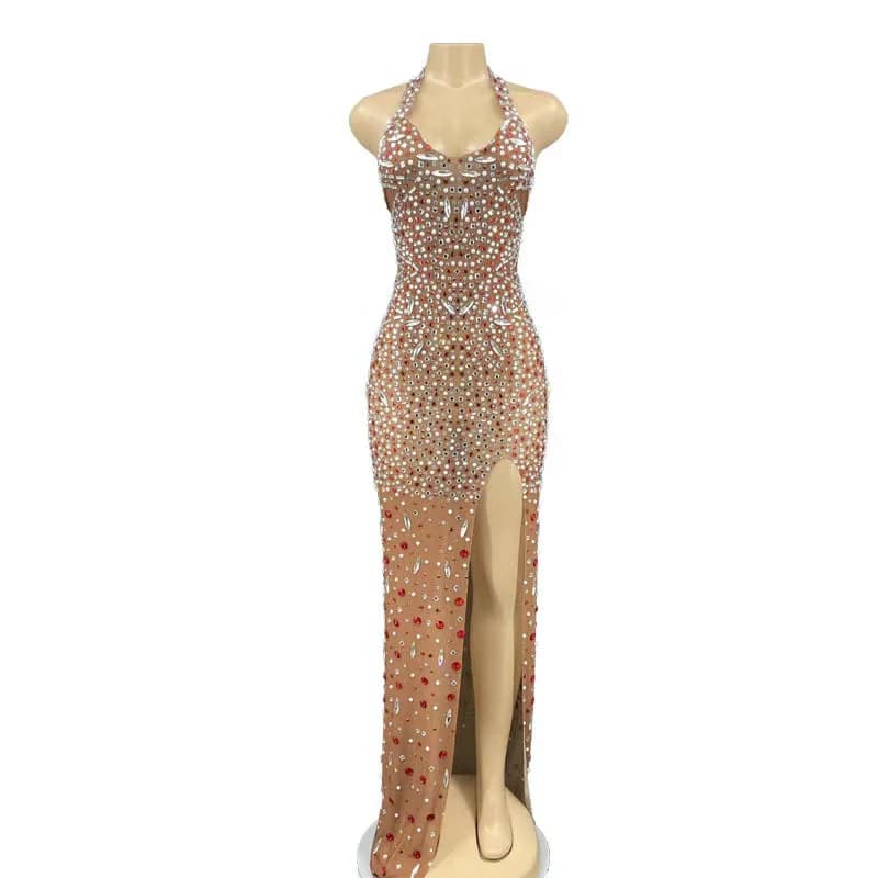 Abito lungo senza maniche con scollo all'americana in cristallo con strass glitterati di lusso da donna Elegante e sorprendente per abiti da spettacolo di fascia alta per feste da ballo