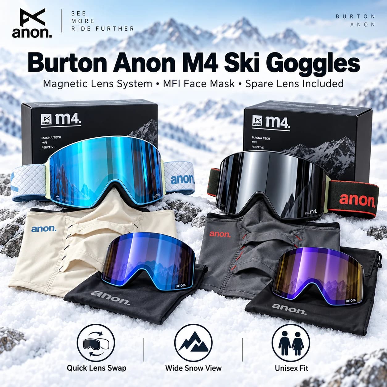 Anon M4 Magna-Tech Ski and Snowboard Goggles - Unisex Anti-Fog OTG Winter Sports Goggles with MFI Magnetic Facemask & Bonus Lens