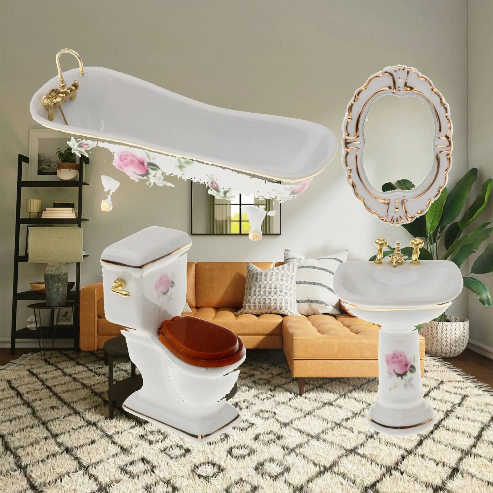 Dollhouse Mini Bathroom Kit Porcelain Bathtub Toilet Sink Mirror Ornament Set for 1 12 Scale Furniture Kids DIY Play