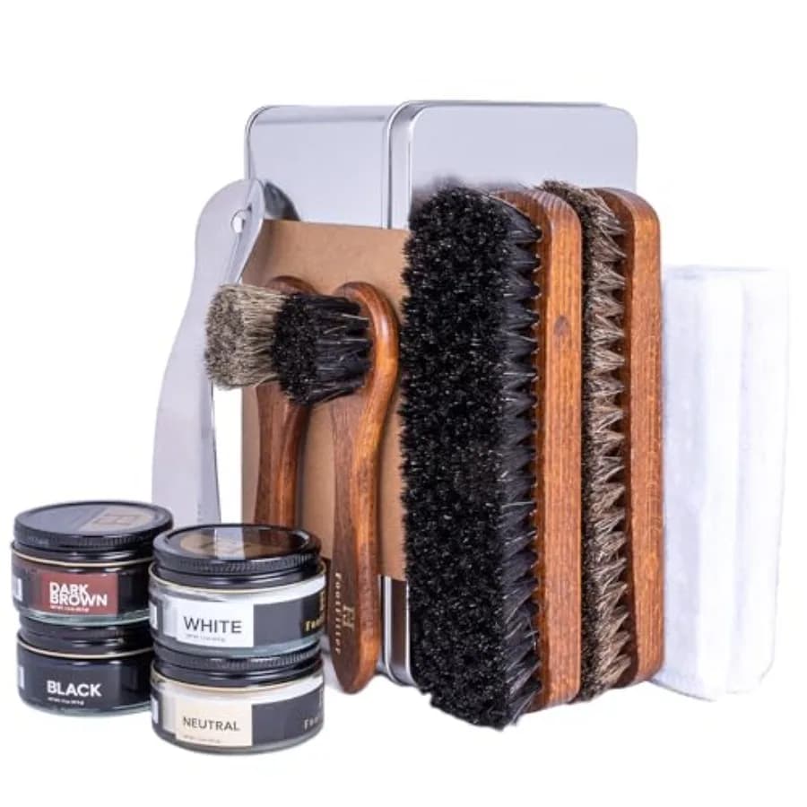 Set di Ricarica per Lucidatura Scarpe in Pelle FootFitter, Kit Completo per la Cura delle Scarpe con Spazzole in Crine di Cavallo, Creme Premium, Panni e Calzascarpe