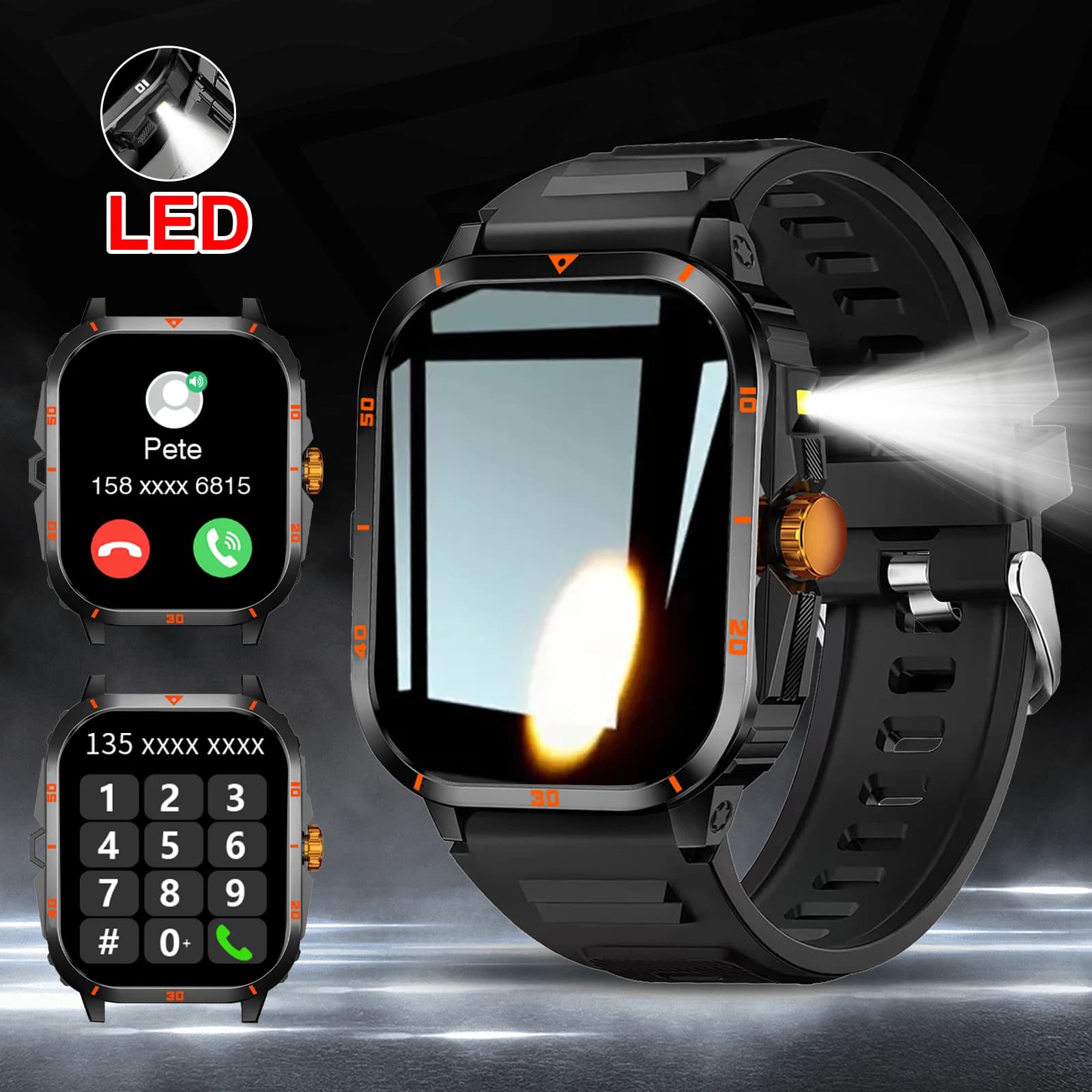 Orologio intelligente, orologio sportivo touchscreen completo, chiamate Bluetooth, con torcia, unisex, compatibile con Android e iPhone.