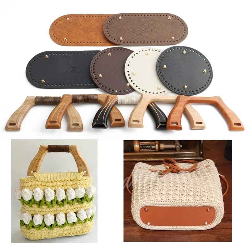 Set da 1/2/4 Pezzi: Manico in Legno a U e Base per Borsa in Pelle Ovale/Rotonda - Kit Fai da Te per Cucito e Uncinetto, Materiali e Accessori per Borse