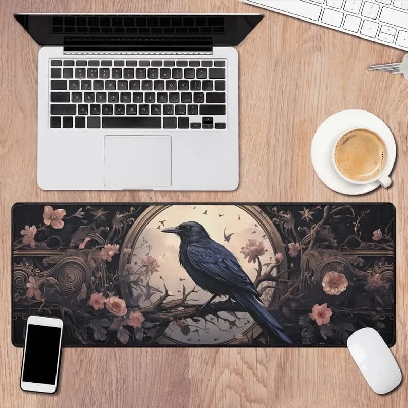 Dark Goth Raven Wildflowers gothic desk mat Zen desk mat table games mat for Mouse game mat itching gift big desk mat
