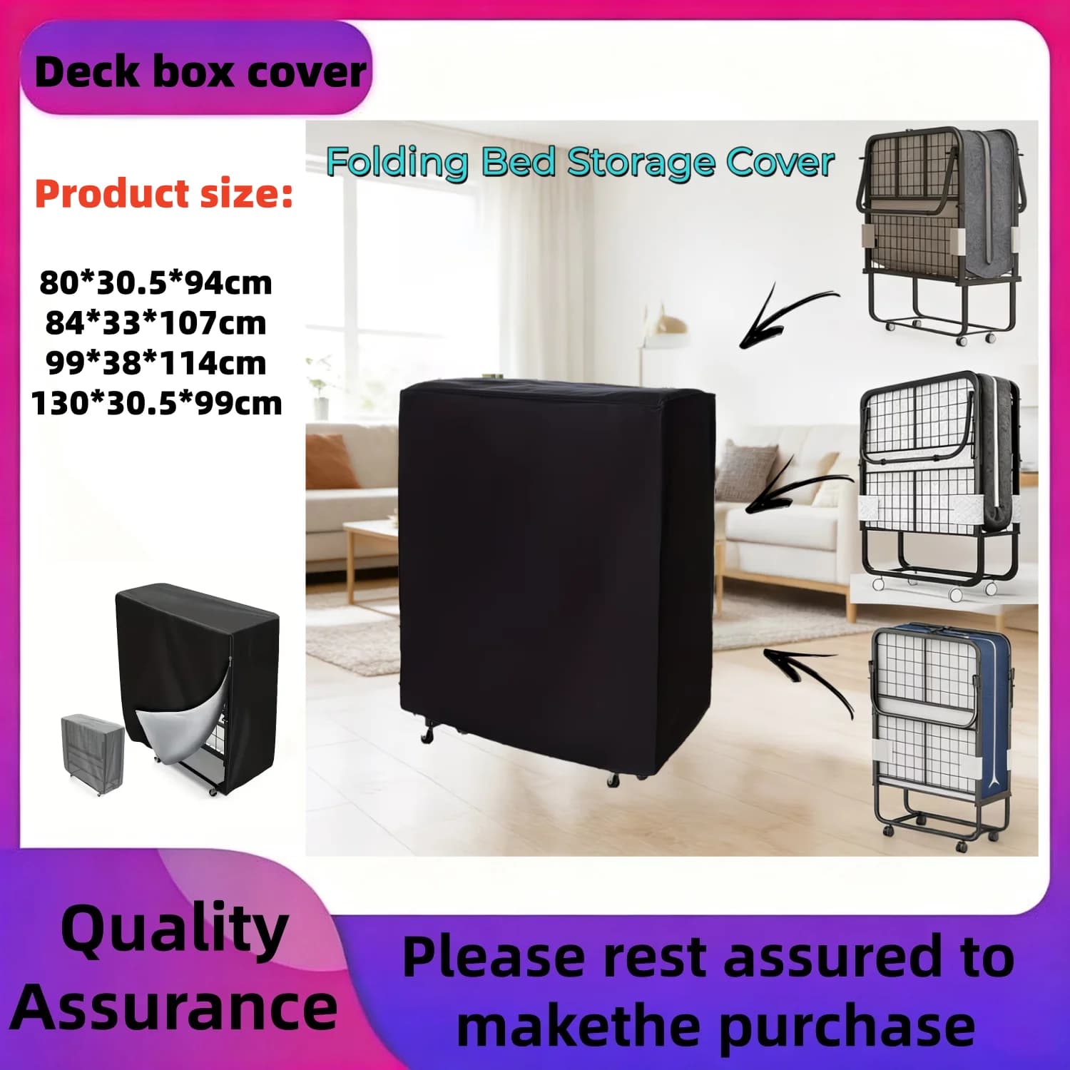 1pc Rollaway Bed Cover Dustproof Folding Bed Storage Cover Large Camping Cots Cover, Easy on and Off, Black Only Cover