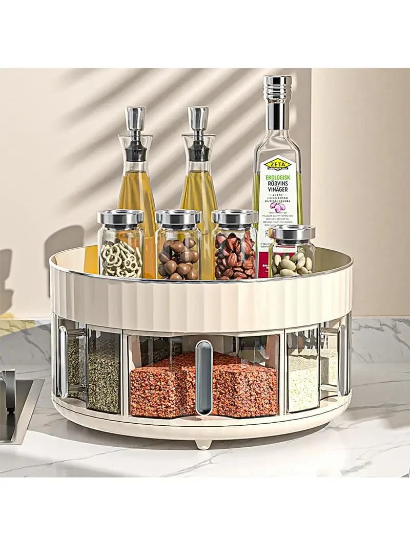 Kitchen Storage Rack Rotatable Multi-grid Seasoning Box Oil Salt Sauce Integrated Countertop Organizer European Style Wood