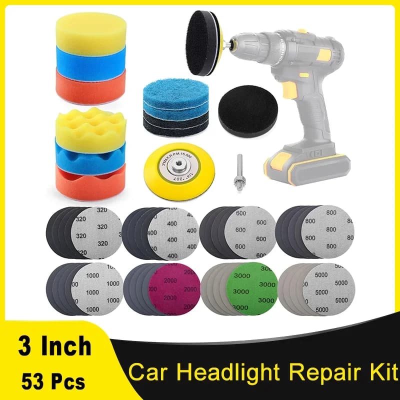 Kit di riparazione fari per auto da 3 pollici 53 pezzi Grana 320-5000 Fari Fogli abrasivi con gambo da 1/4" Cuscinetti in spugna per lucidatura
