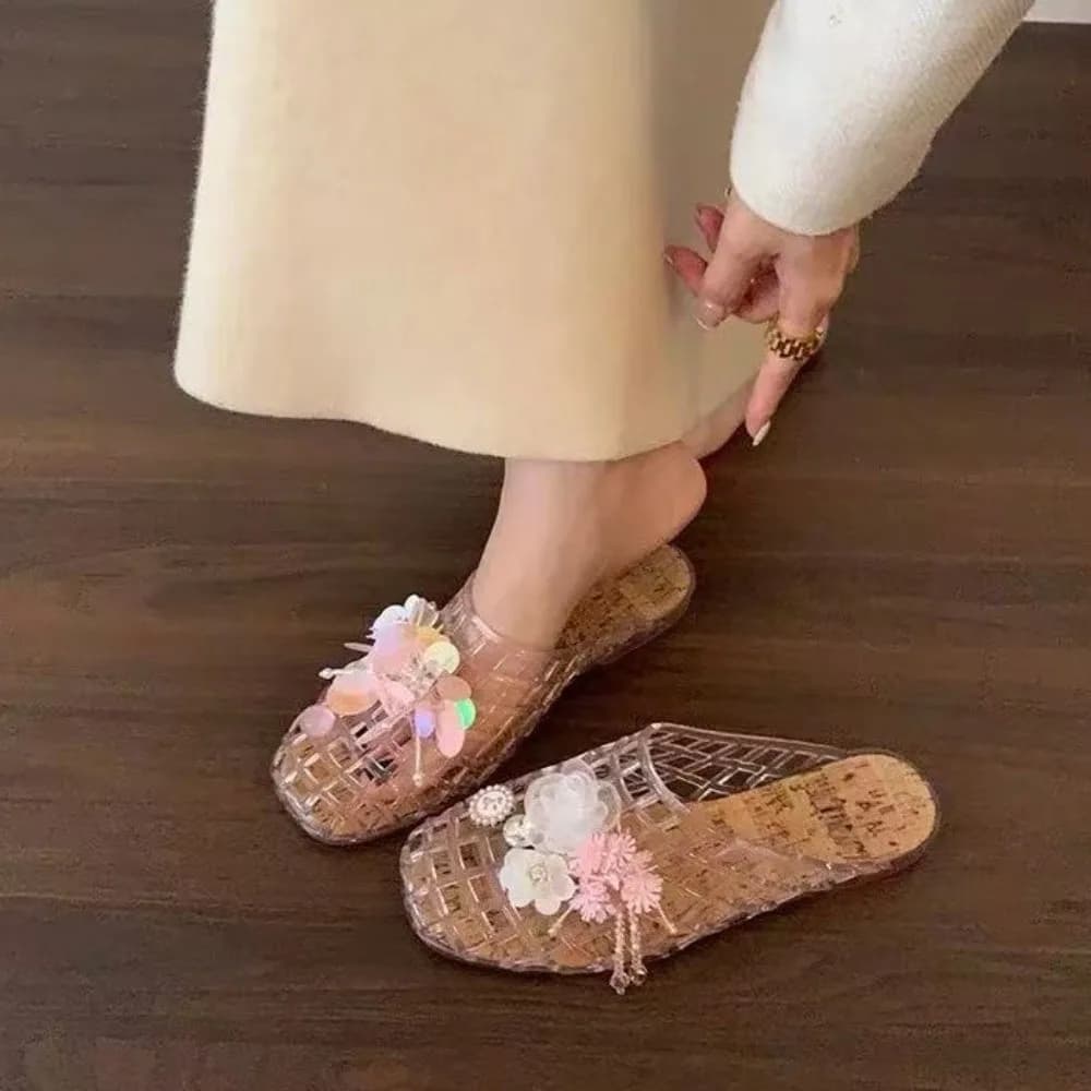 Round Toe PVC Crystal Slippers Soft Non-Slip Fishing Net Jelly Sandals Flat Low Bottom Transparent DIY Shoes Charms Shoes Girls