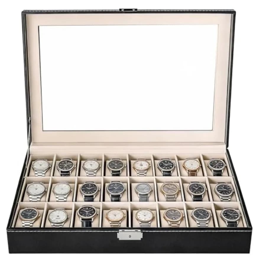 Scatola portaorologi da 24 scomparti, custodia per orologi in pelle PU, organizer per orologi con serratura e cuscini rimovibili per uomo e donna, J
