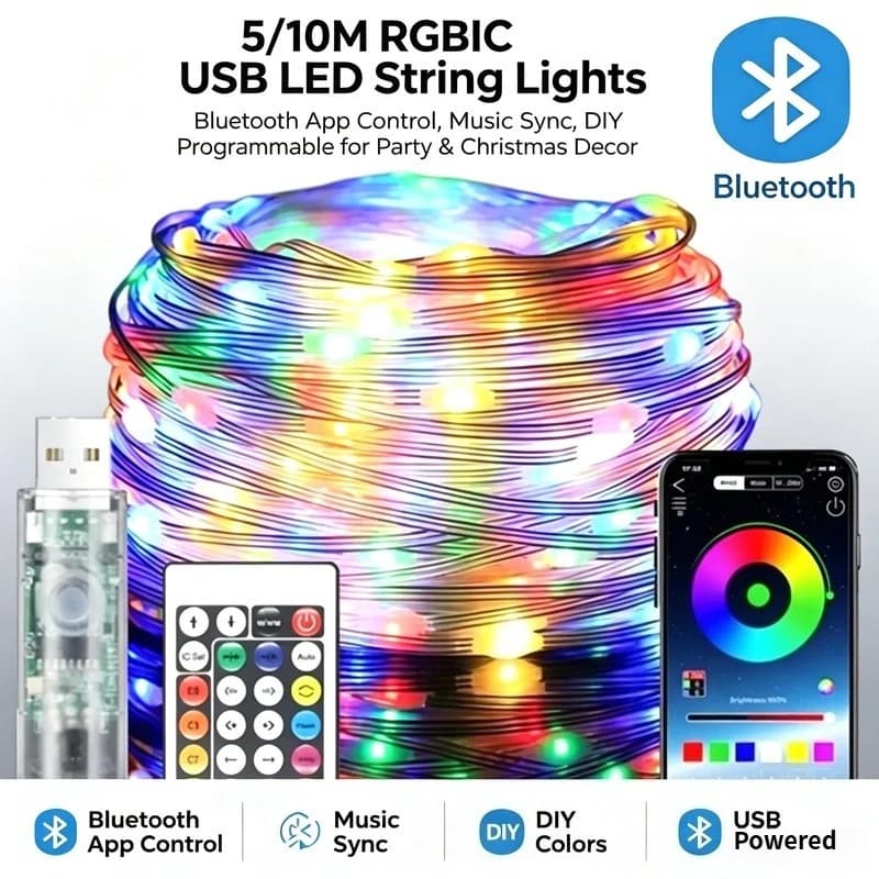 5/10M RGBIC USB LED String Lights, Bluetooth App Control Music Sync DIY Programmable for Party Christmas Decor
