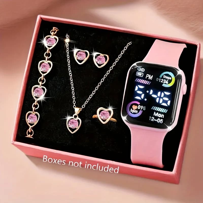 Set di 6 pezzi di orologi elettronici alla moda, collane, orecchini e anelli per ragazzi e ragazze adolescenti, la scelta migliore per amici.
