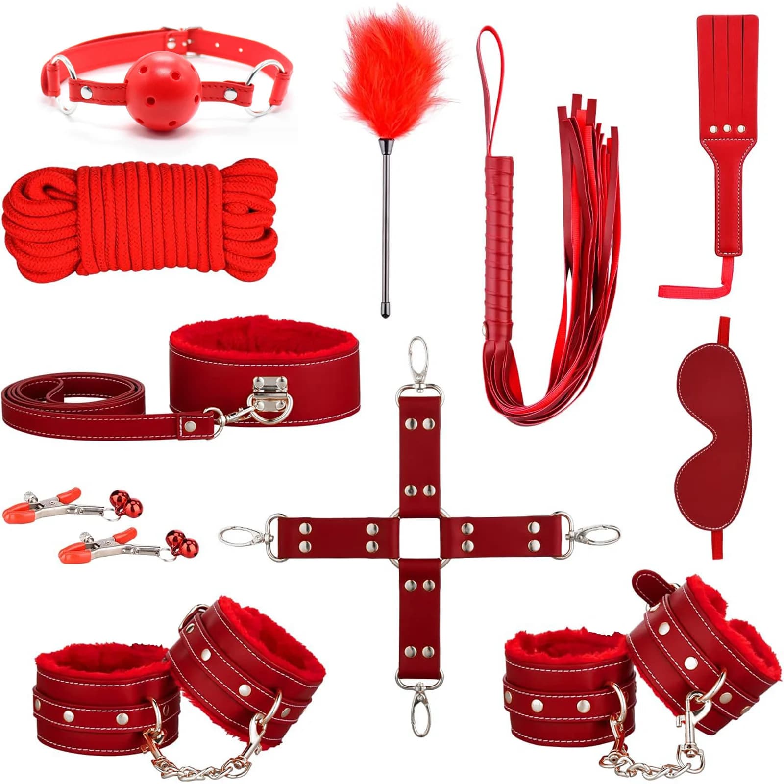 11/12PCS Leather SM Products BDSM Couple Sex Games Bondage Gear Set Handcuffs Leg Cuffs Whip Double Racket Mouth Ball Collar toy