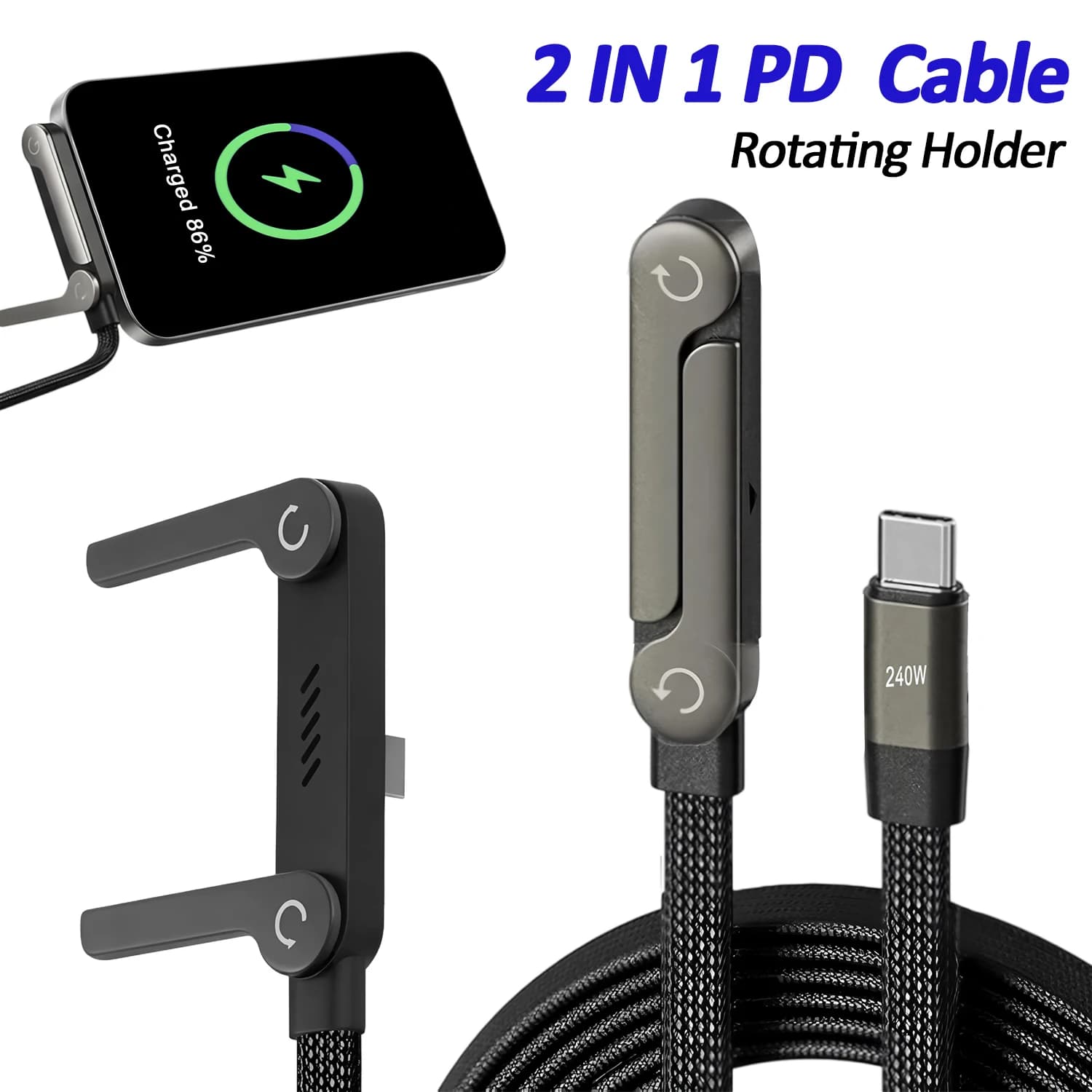 2-IN-1 Type-C Cable Foldable Mobile Phone Holder 240W Fast Charging Data Cable Multi-function Phone Charge Bracket Dual PD cable