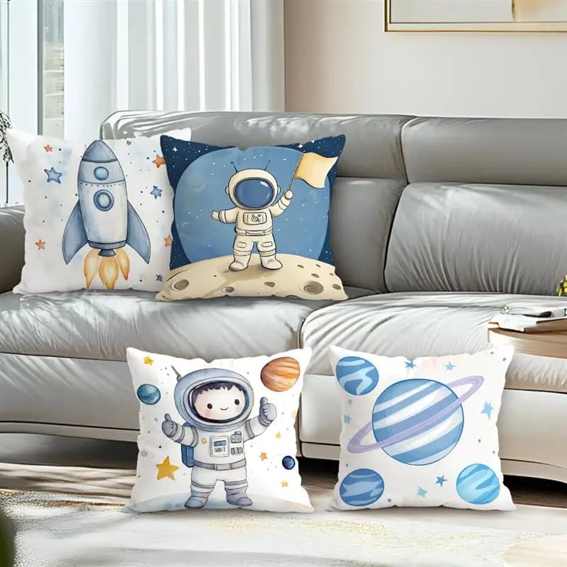 Federa per cuscino in peluche corto, decorazione per la casa, motivo astronauta e razzo a tema spaziale, adatta per divano