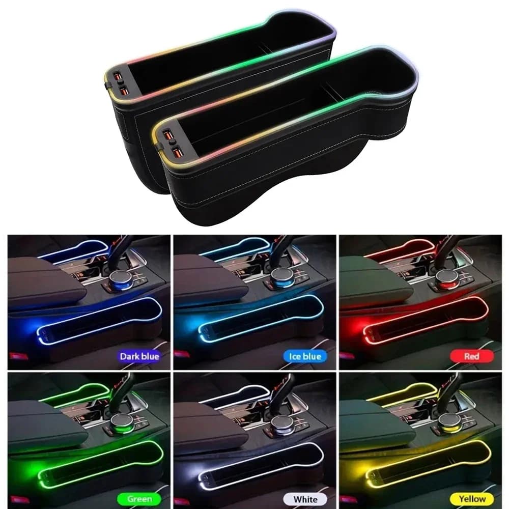Organizzatore di riempimento per seggiolino auto con portabicchieri e luce LED che cambia colore - 2 caricabatterie USB, accessori per riporre l'auto