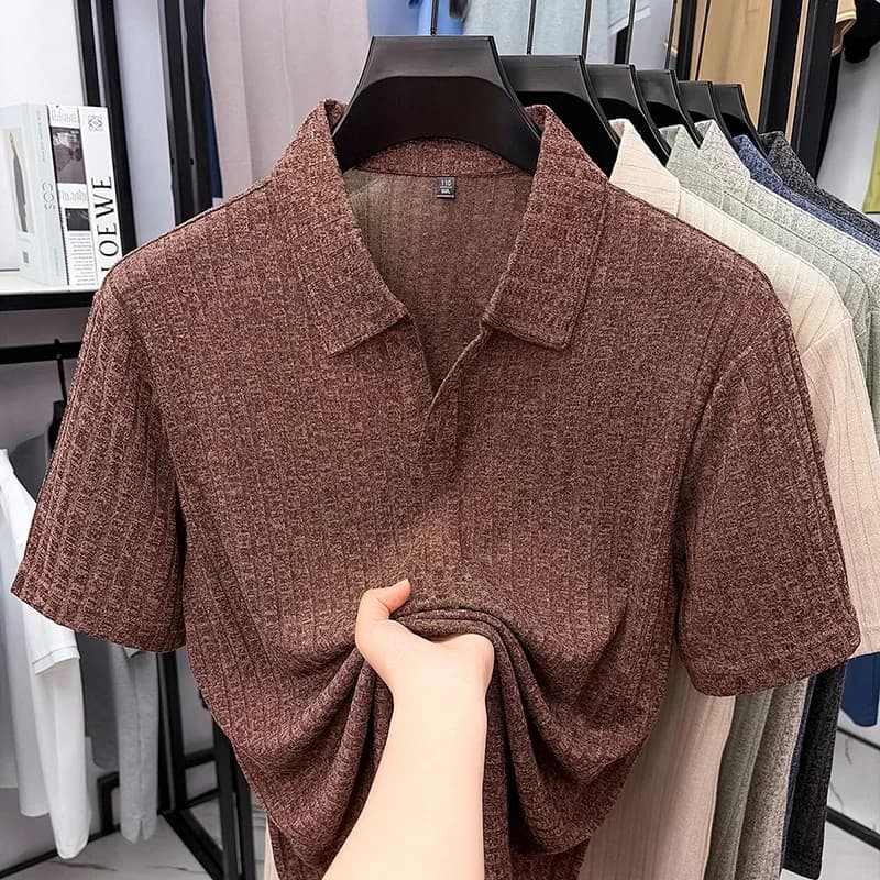 Mens Vertical Rib V Neck Polo Shirts Summer Casual Moisture Wicking Stretch Tops for Men Daily Office Wear