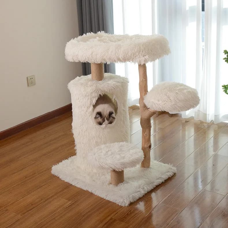 Tiragraffi per Gatti di Lusso in Legno Massello, con Letto e Piattaforma Salto, Multilivello con Sisal - Ingrosso Produttore