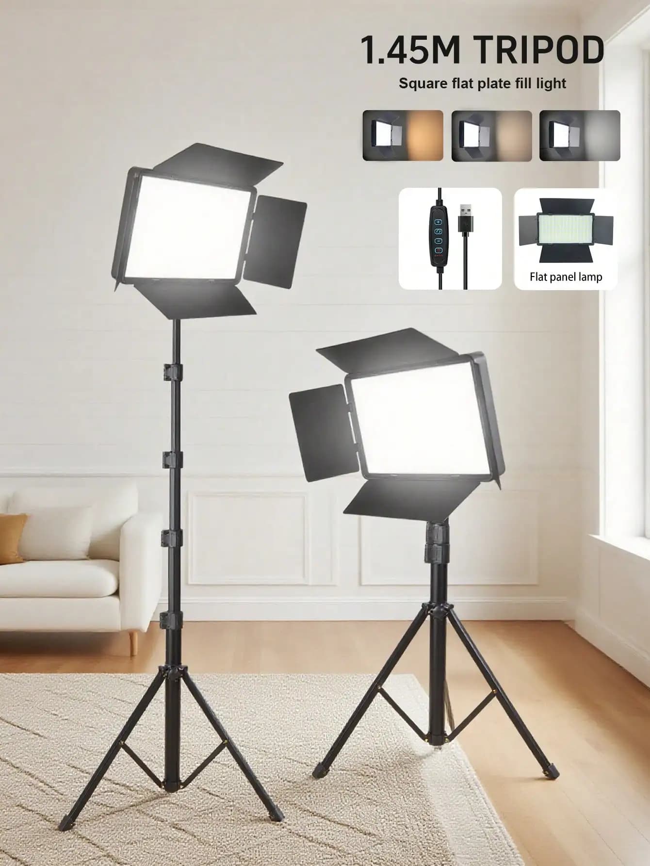 Luce LED quadrata regolabile da 145 cm con treppiede, 22,5×16 cm, con paravento, faretto professionale da studio, senza batteria, illuminazione portatile per selfie, per live streaming, fotografia, vlog, meeting Zoom, feste, registrazione video