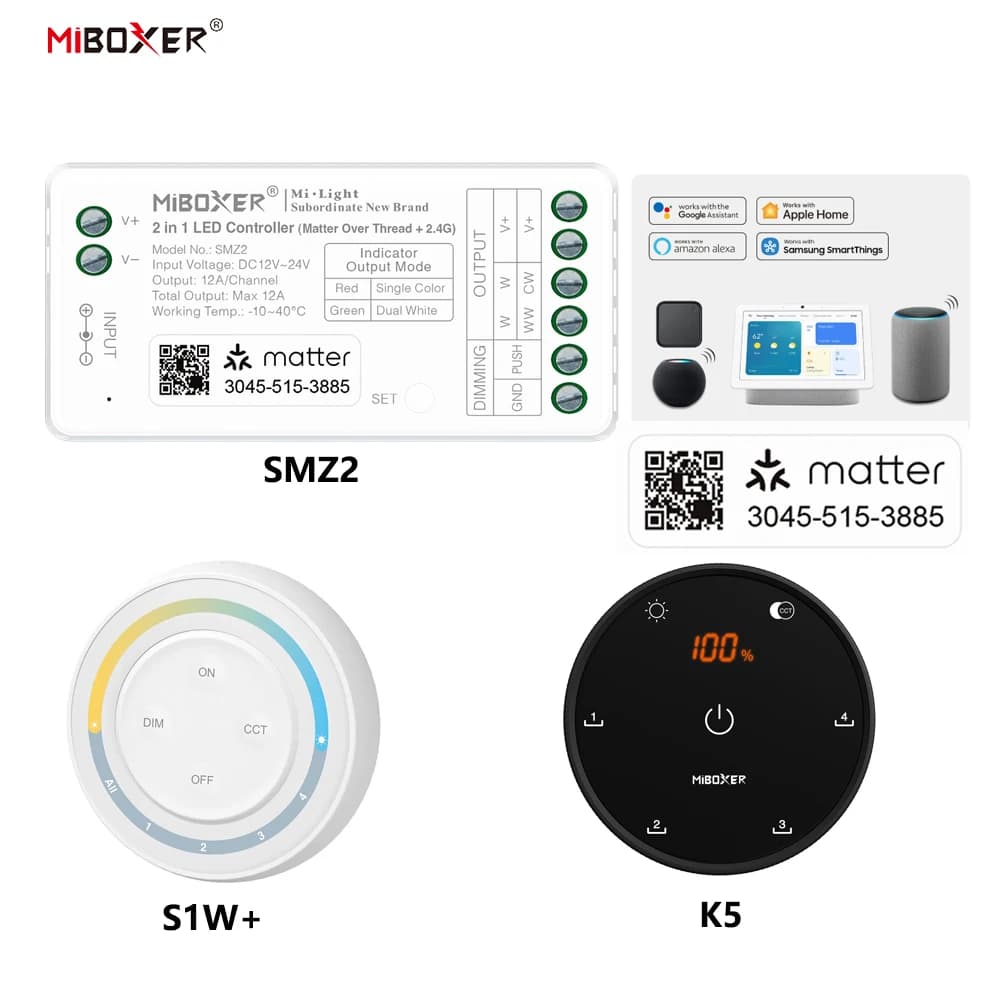 Miboxer SMZ2+K5 DC12-24V 2in1 Controller Matter Over Thread+2.4GHz Tuya APP WIFI Control Single/Double Color CCT LED Strip Light