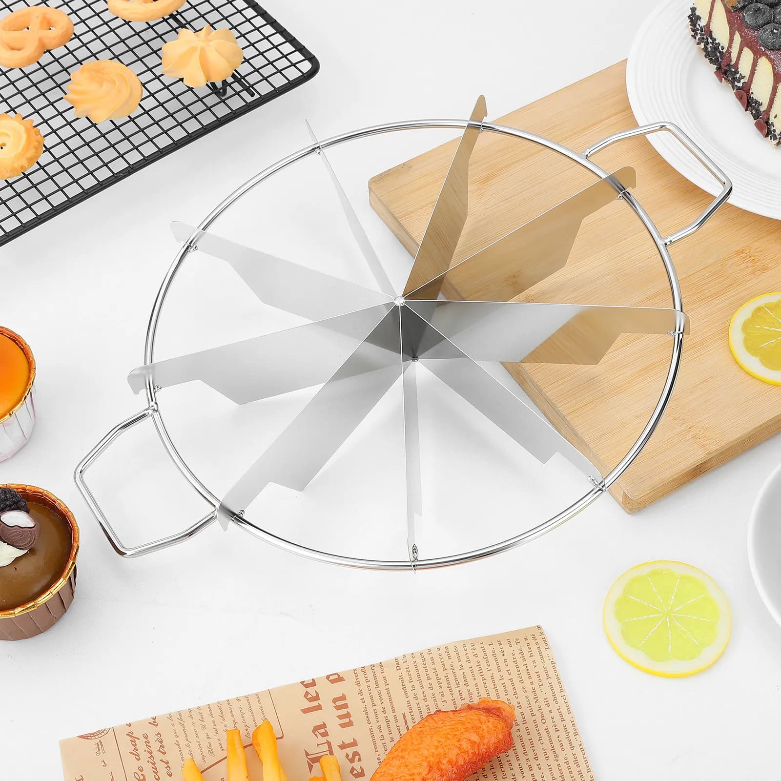 Cake Portion Cutter 9 Slice Marker Stainless Steel Round Cake Slicer Knife 2 Handles Birthday Wedding Kitchen Baking Dessert