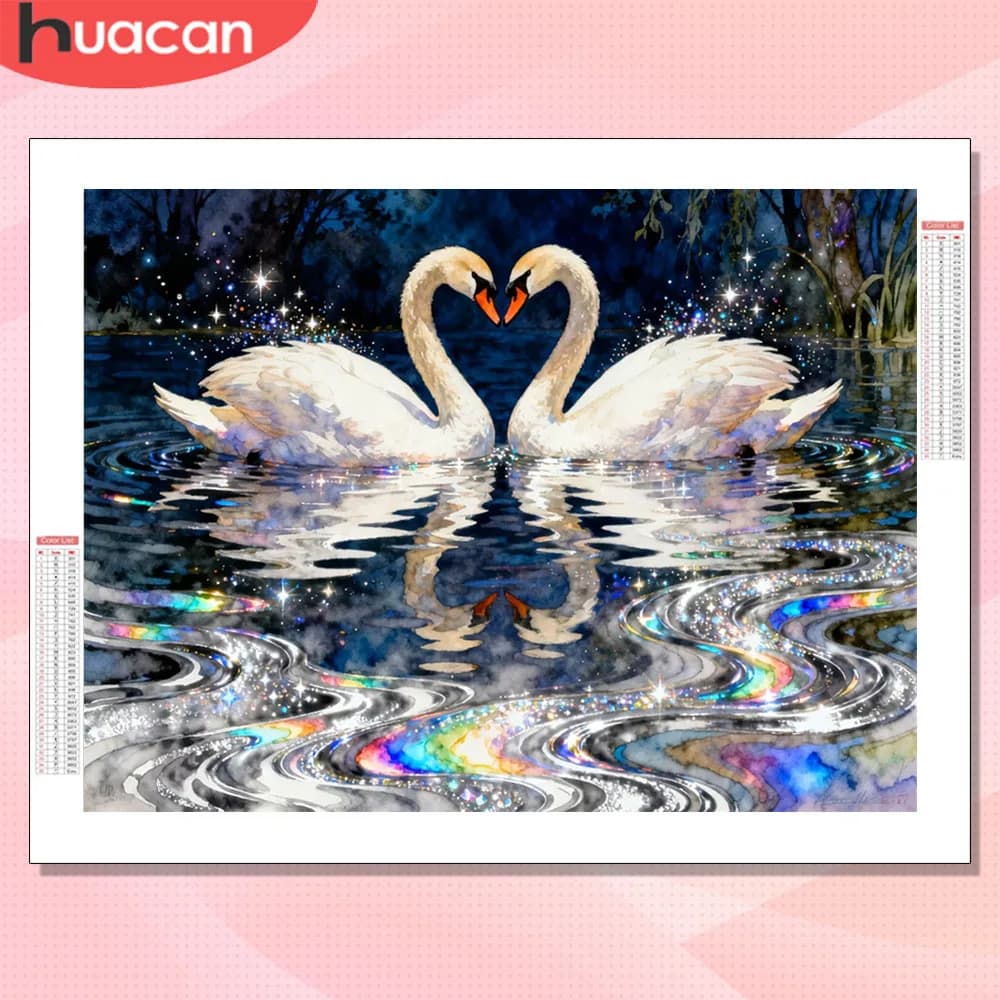 HUACAN Mosaico Diamantato Cigno, Ricamo Animale, Pittura Diamantata Lago Fantastico, Hobby Creativo, Artigianato Fatto a Mano, Articoli Decorativi per la Casa
