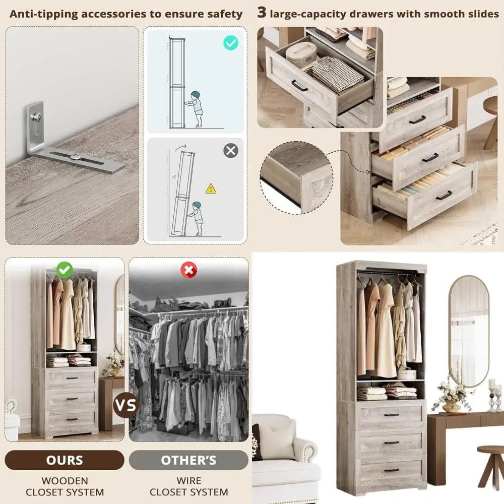 Modern organizer for walk-in wardrobe in rustic maple with 3 drawers, adjustable shelves and hanging bar