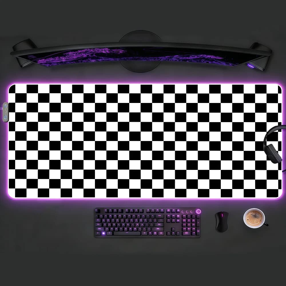 Tappetino per mouse a scacchi bianco e nero con LED RGB, antiscivolo, in gomma, accessori da gaming, grande XXL, per computer, ufficio, tastiera.