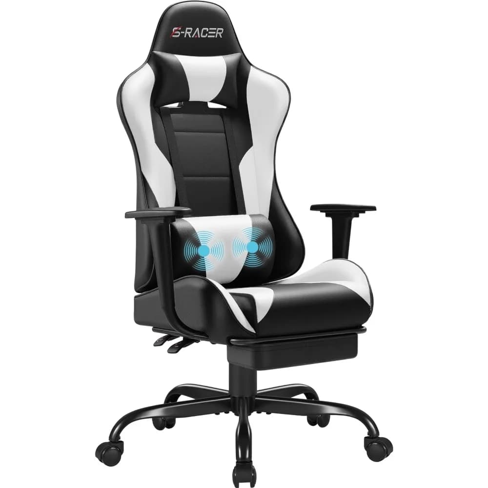 Sedia da computer con poggiapiedi e supporto lombare massaggiante; Sedia da gaming regolabile in altezza; Sedia con poggiatesta e seduta girevole