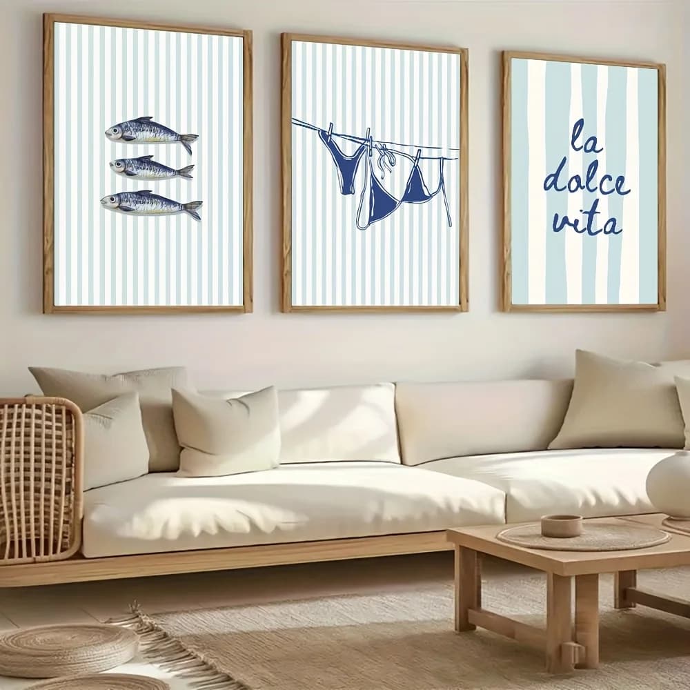 Set of 3 Prints on Frame Without Frame "La Dolce Vita" with Sardine and Bikini Blue Rows, Modern Decoration Summer Wall