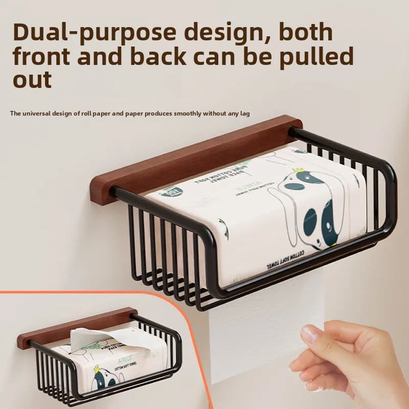 Porta carta igienica scandinavo - Dispenser per fazzoletti da parete in legno e rattan con coperchio, cestino portaoggetti da bagno senza trapano