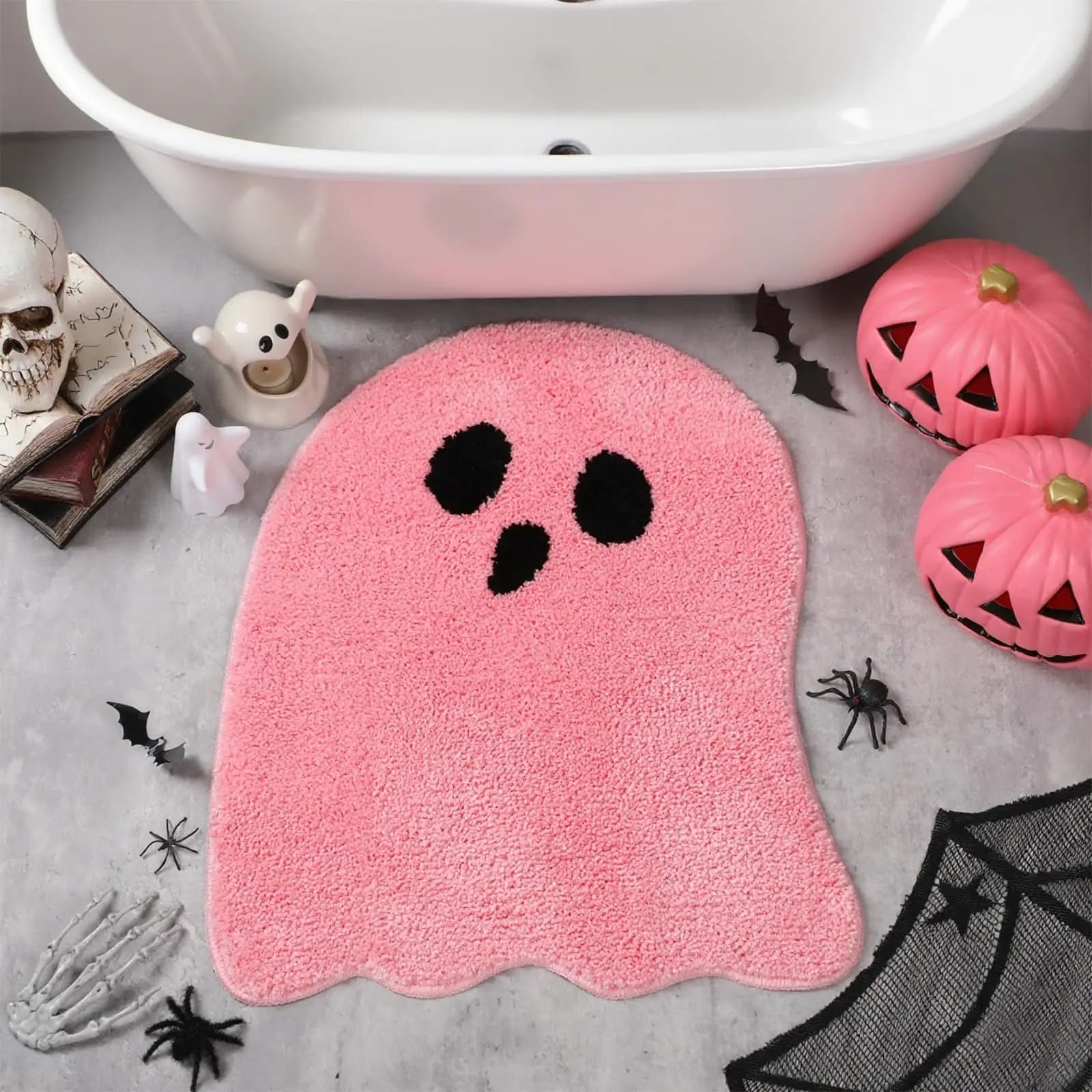 VIKAMA Tappeto lavabile in lavatrice da bagno a forma di fantasma rosa Simpatico tappetino da bagno per Halloween Tappetino da doccia estetico per la decorazione della camera da letto di casa