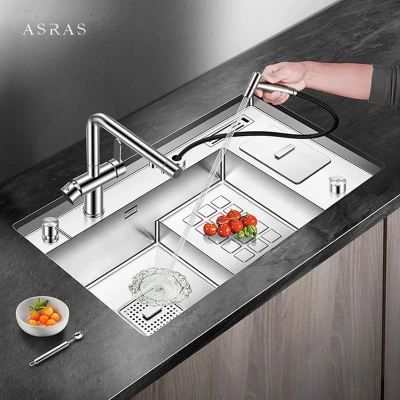 ASRAS Lavello da cucina a gradini in acciaio inossidabile SUS 304 di grandi dimensioni, spessore 4 mm, profondità 220 mm, spazzolato a mano, con pattumiera