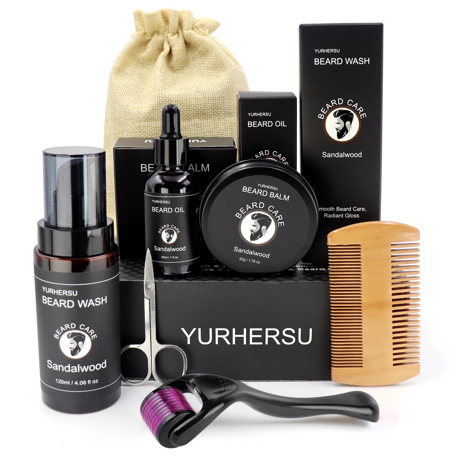 7-piece beard care kit for men, care set includes beard oil, balm, comb, scissors, brush, bag - Best gift