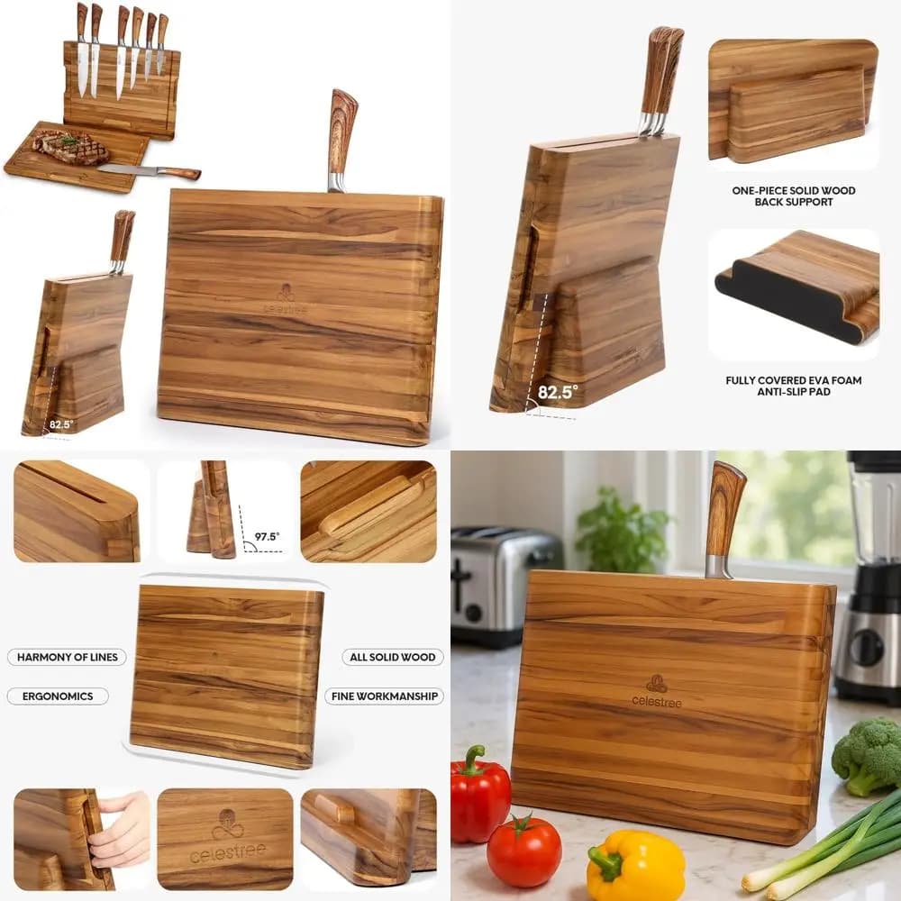 Blocco di coltelli magnetico 2 in 1 in legno di teak naturale premium e tagliere 16x11 con scanalature per succhi