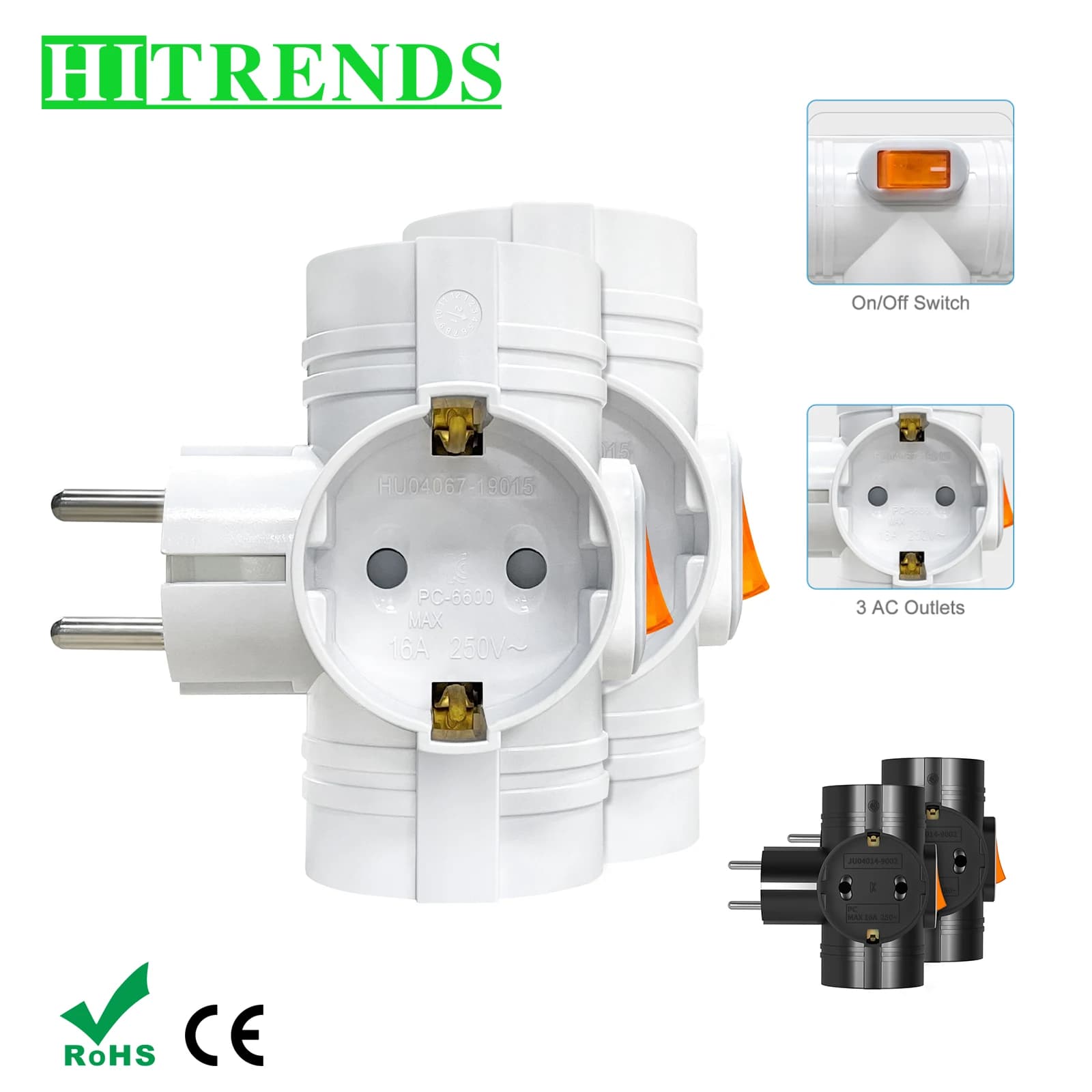 1/2PCS Spina di conversione UE Adattatore presa a 3 vie con interruttore Standard tedesco, prolunga presa a muro doppia spina elettrica per la casa