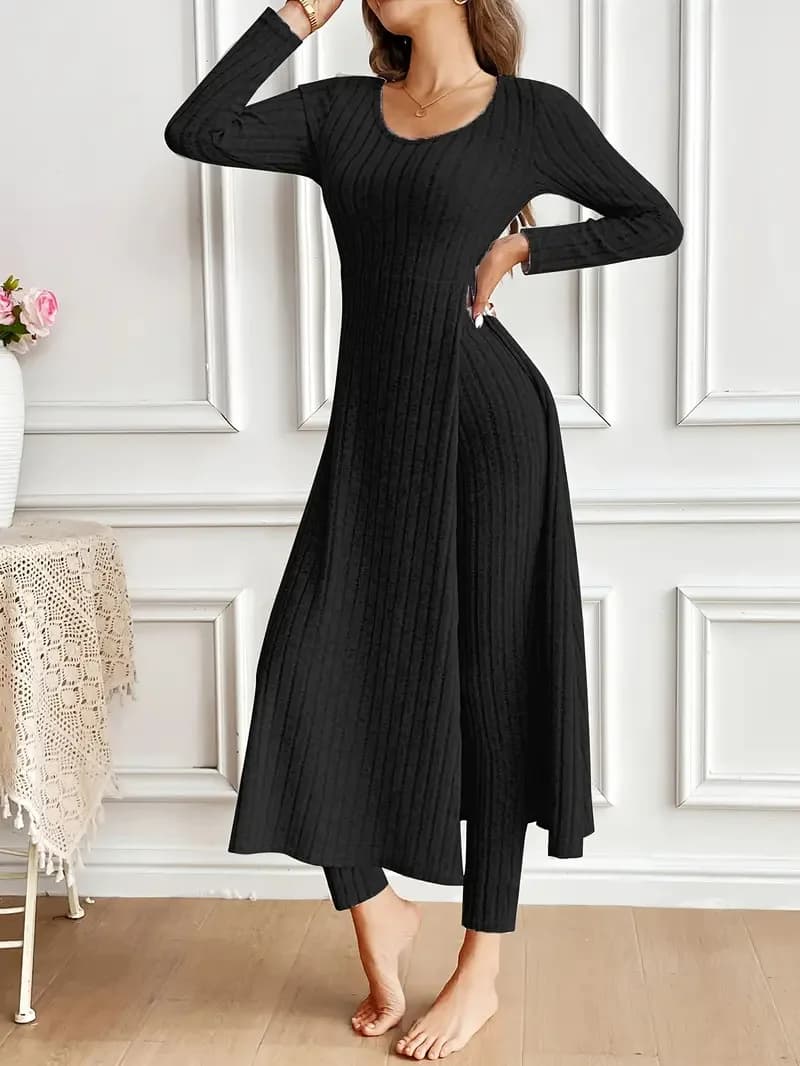 Spring Autumn Women Long Style Tops 2 Piece Fashion Knitted Pant Sets Ladies Sweater Suit Vintage Fashion Ladies Two Piece Set