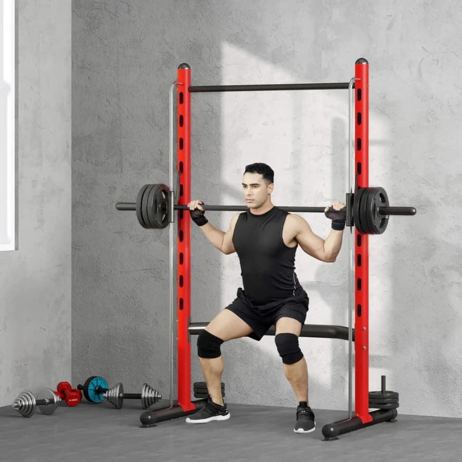 Shark Grid with Traction Bar and Bar for Barbell Adjustable Bench Press Half Grid for Lifting Multifunction Red