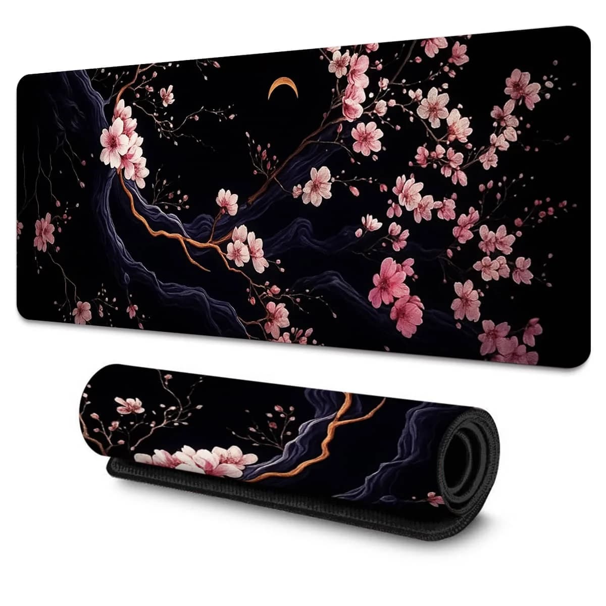 1 tappetino per mouse grande fiore di ciliegio nero e rosa con luna crescente, gomma antiscivolo e durevole, ideale per giochi, ufficio e regali