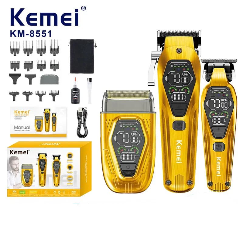 Professional Electric Razor Kemei Wireless for Men, Regulabarba e Tagliacapelli Rechargeable, Complete Set for Barbiere