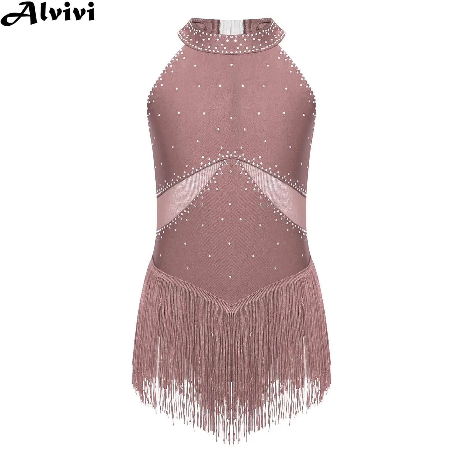 Body da pattinaggio di figura per bambina, senza maniche, con nappa, strass, body da ballo latino, tango cha-cha, samba, sala da ballo